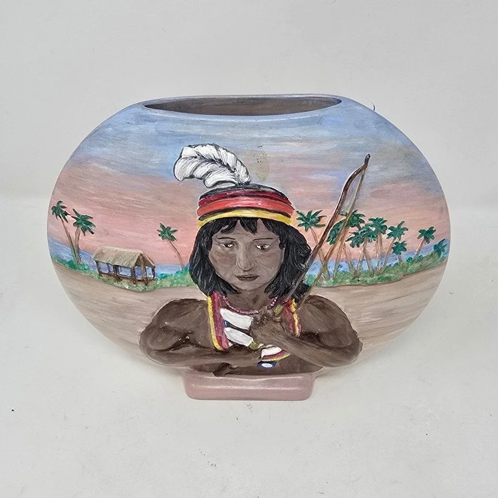 Hand painted ceramic portrait vase tropical sunset Indigenous art pottery pink